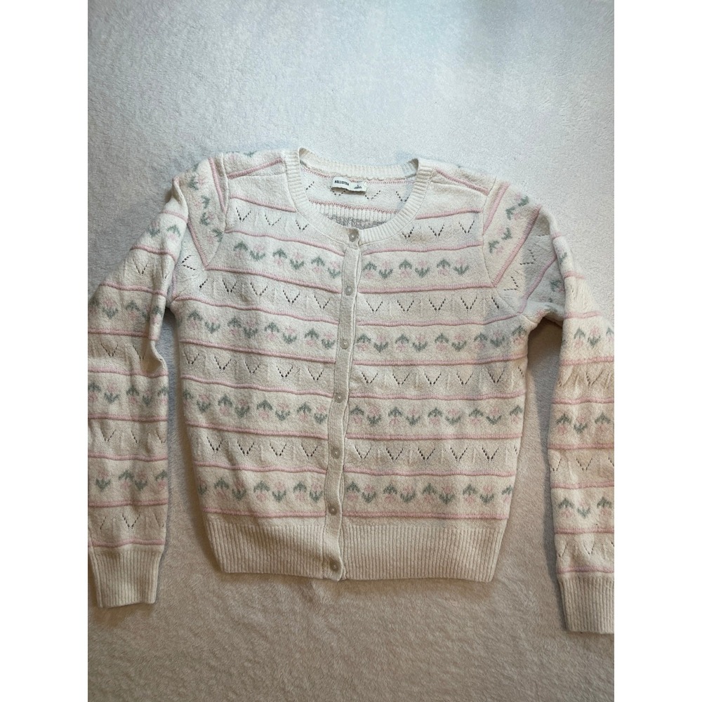 Hollister Pointelle Knit Floral Cardigan Sweater Cream Pink Large GrannyCore